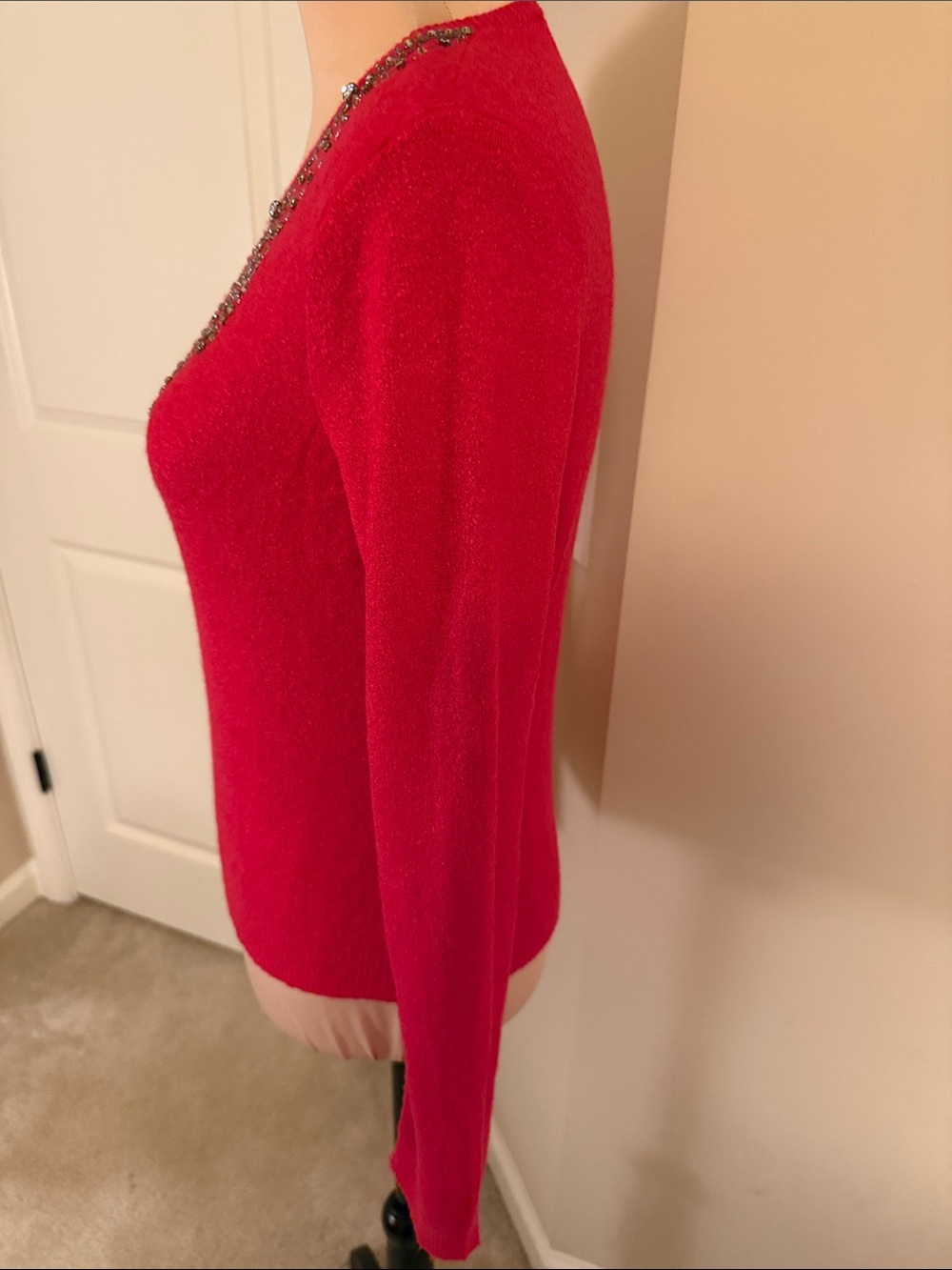 Red Embellished Women's Sweater - Classic Crewneck - Picture 3 of 5